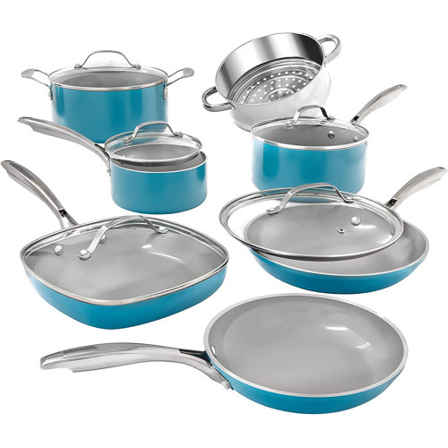 Gotham Steel Aqua Blue 12 Piece Nonstick Ceramic Cookware Set, Oven